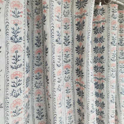 Curtains 100% Linen blue striped french print floral PREWASHED. kitchen Living room farmhouse curtains. Bedroom floral linen window panel