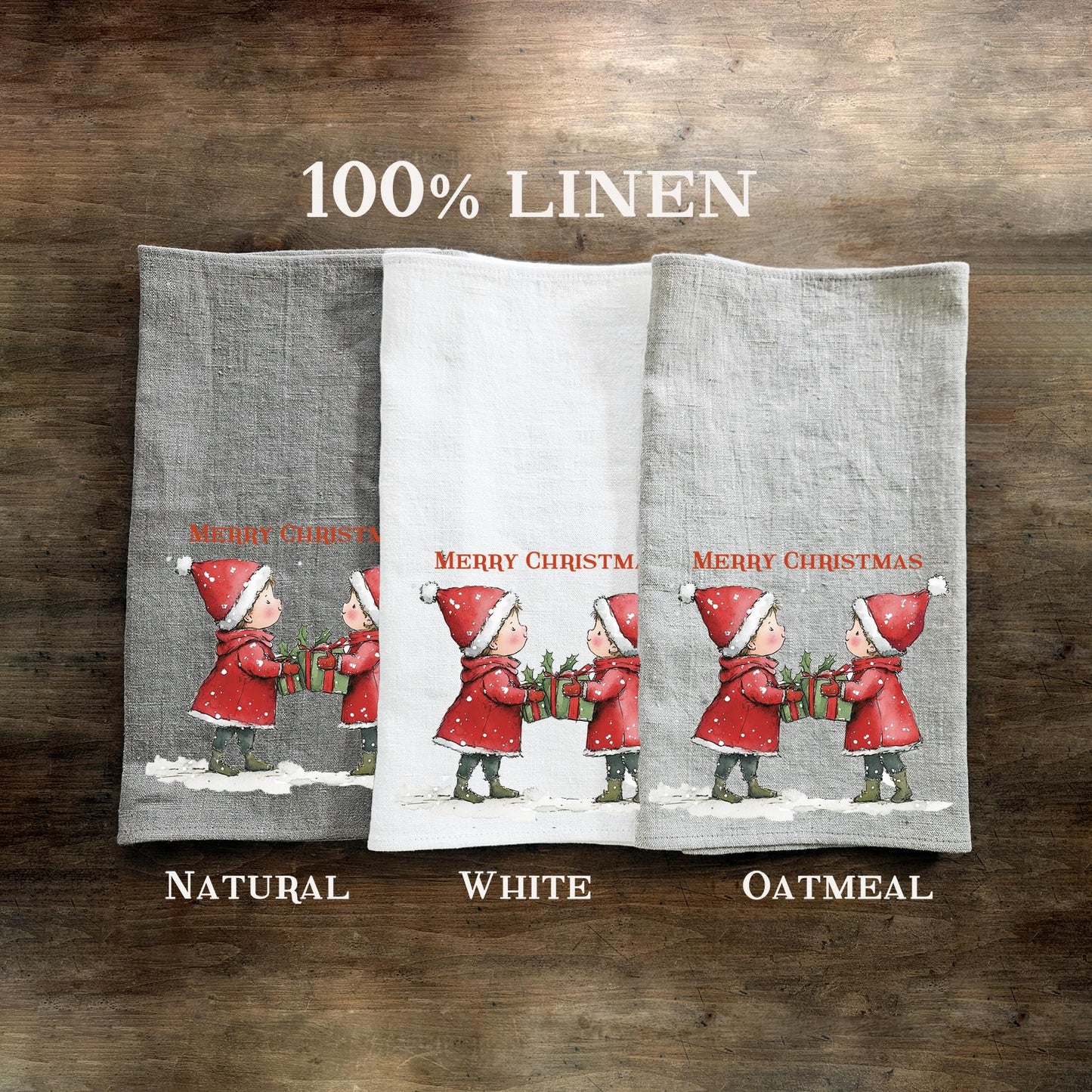 Christmas elf Tea Towel in linen, Hand Towels Tea in linen Dish Holiday Kitchen Feliz Navidad Frohe Weinachten Merry Christmas