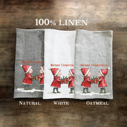 Christmas elf Tea Towel in linen, Hand Towels Tea in linen Dish Holiday Kitchen Feliz Navidad Frohe Weinachten Merry Christmas