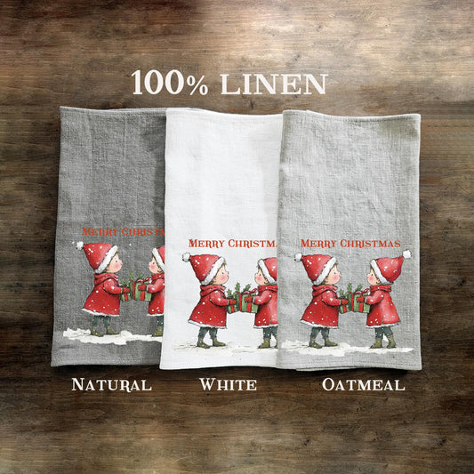 Christmas elf Tea Towel in linen, Hand Towels Tea in linen Dish Holiday Kitchen Feliz Navidad Frohe Weinachten Merry Christmas