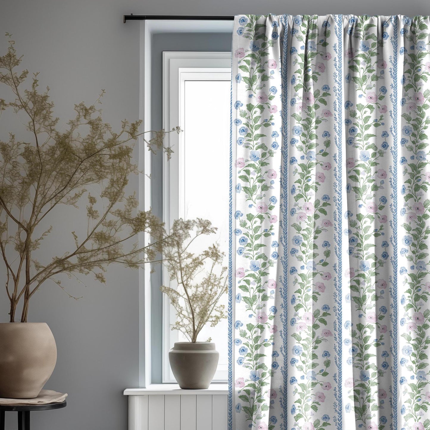 Curtains 100% Linen with floral stripe preppy pink green white print PREWASHED - kitchen Living room farmhouse linen window panel heritage