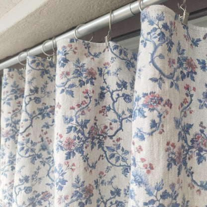 Curtains 100% Linen with botanical red blue toile de jouy print PREWASHED. kitchen Living room farmhouse linen window panel