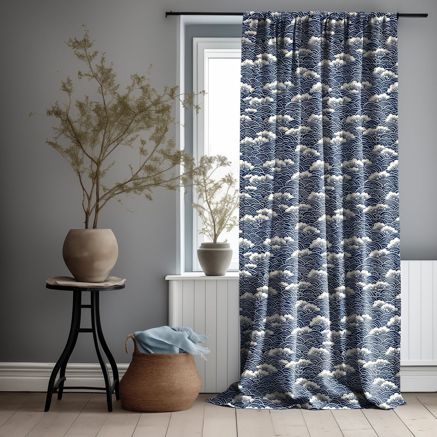Japanese Curtain Panels with see print in dark blue, scandinavian style Curtains for living room or bedroom