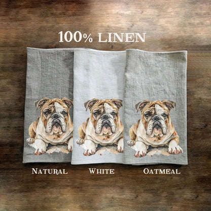 Buldog Tea Towel in linen, Dog lovers Hand Towels Tea, Farmhouse Dish Towel,  Kitchen Décor Tea Towel