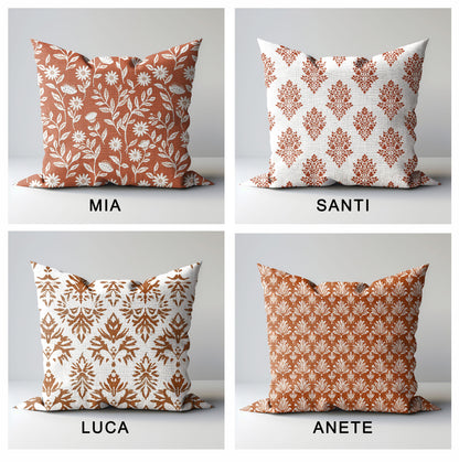 Modern rust linen Floral Pillow Cover, white rust Boho Pillow block print on linen, Coutrynome block printed pillow case in European flax