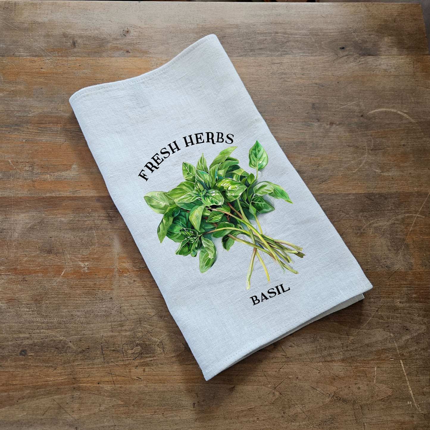 Basil Floral Tea Towel in linen - Hand Towels Tea - Farmhouse Floral Dish Towel - greenery frech herbs Kitchen Décor