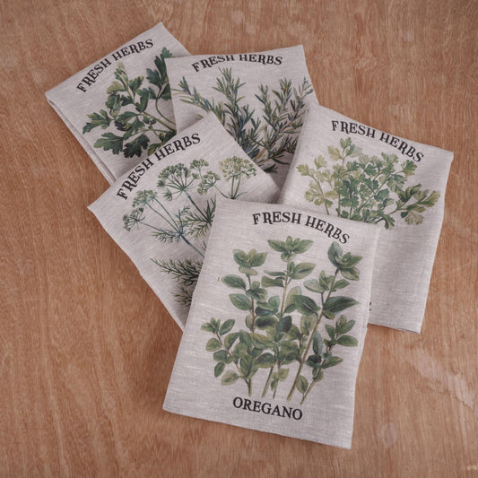 Handdukar Te med franska lantliga örter - Bondgårdsblommig grönska Décor Kökshandduk - Rosmarinblommig handduk i linne