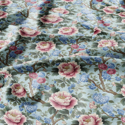 100% Linen tablecloth Chinoiserie peony print - blue floral PREWASHED French table cloth rustic rectangle square oval
