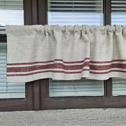 Ticking Valance Farmhouse Curtain in linen, Pure linen window treatment. Living room Cafe Kitchen window panel Grain sack with french stripe