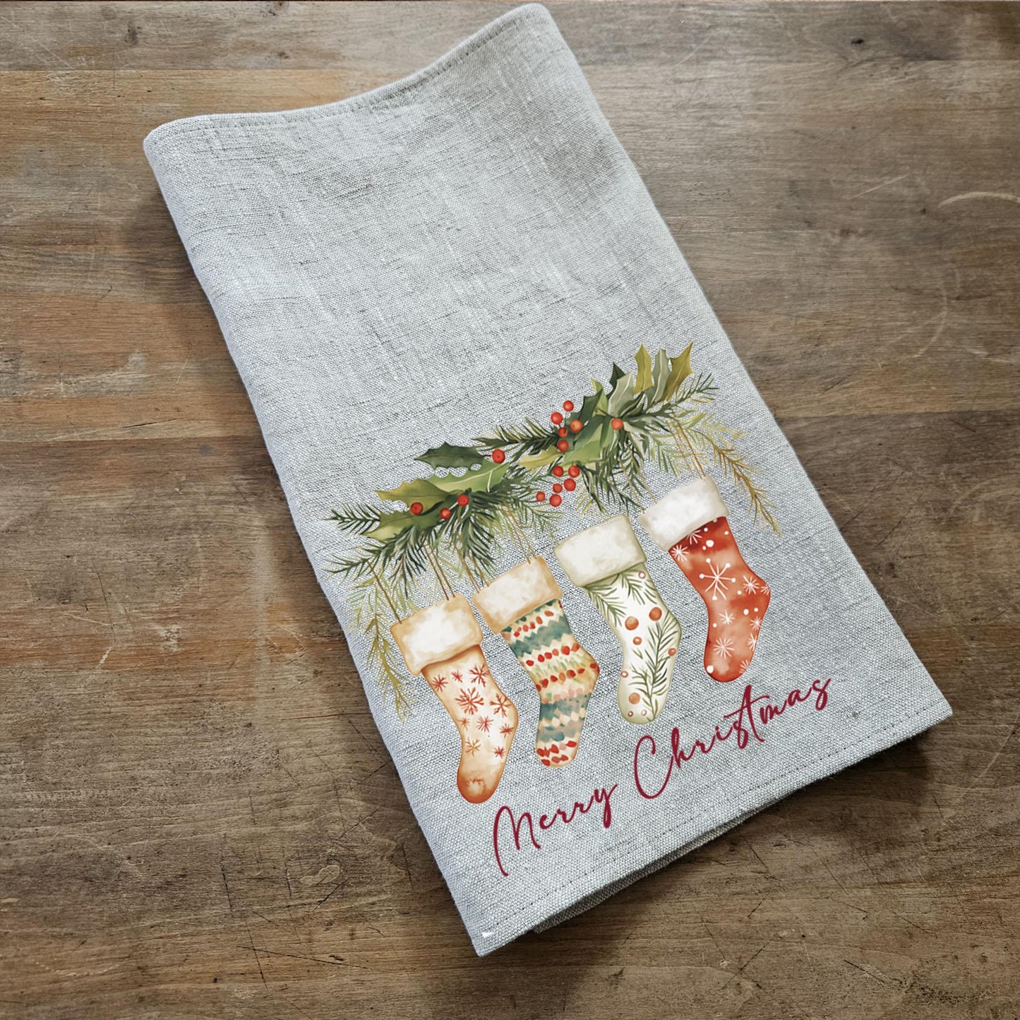 Christmas socks Tea Towel in linen, Holiday decor hand Towels Tea in linen, Merry Christmas Dish Towel Kitchen Décor Tea Towel in linen