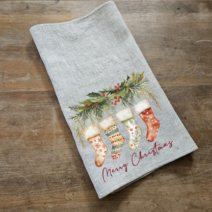 Christmas socks Tea Towel in linen, Holiday decor hand Towels Tea in linen, Merry Christmas Dish Towel Kitchen Décor Tea Towel in linen