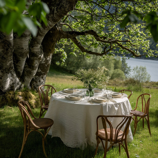 round linen tablecloth in natural linen