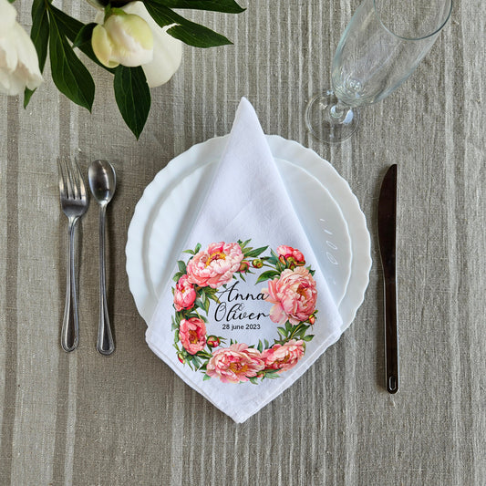 Custom Design White Cloth Cocktail Napkins with peonies wreath, luxury weddings menu napkins in linen, Custom Names Napkins
