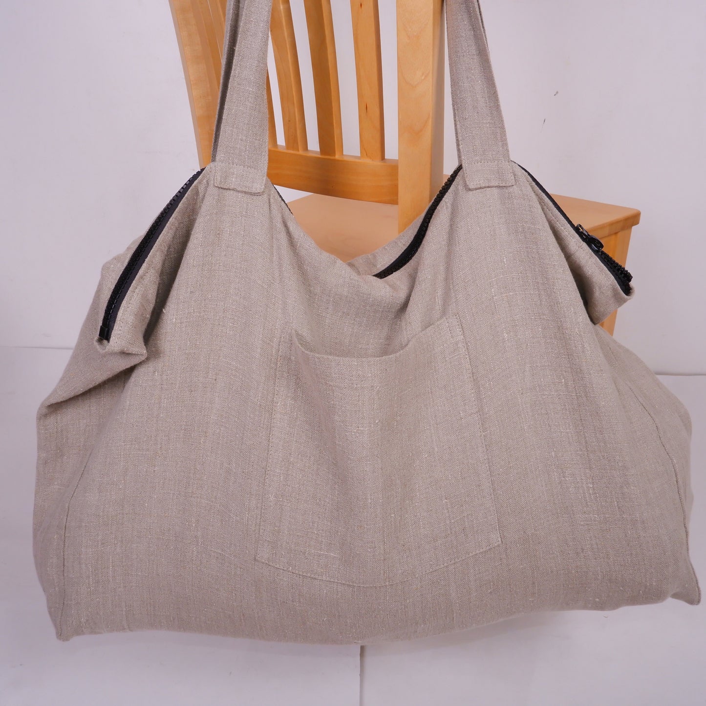 ZIPPER French style linen beach bag  - Oversized linen bag with zipper closure - linen beach bag with pockets  - large linen tote bag