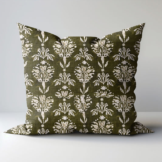 Designer Olive Green Floral on Linen Pillow Cover, Dark Green Boho Pillow, Farmhouse Floral Block printed pillow greenery