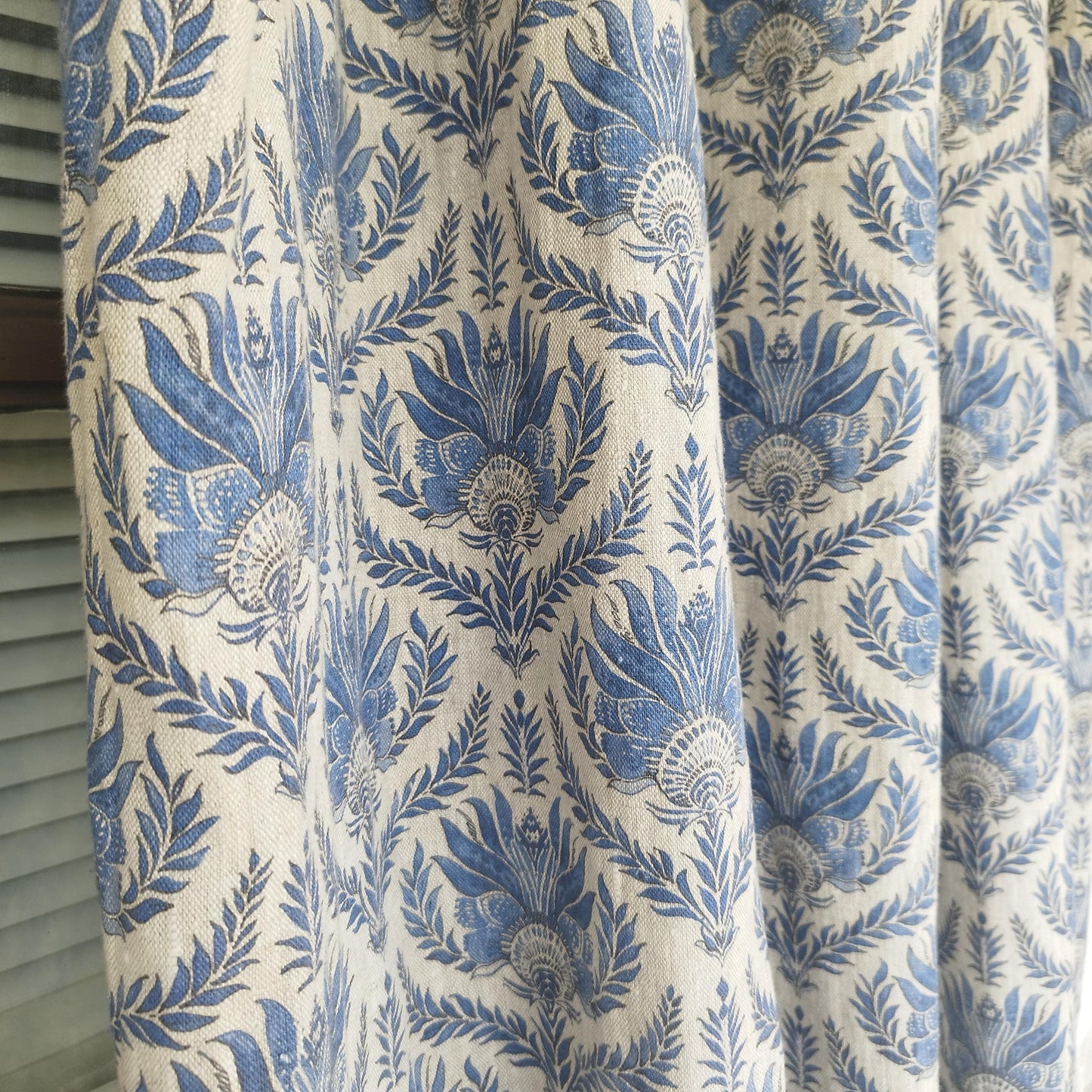 Curtains 100% Linen with French block print blue pattern PREWASHED. kitchen Living room farmhouse window panel in french linen