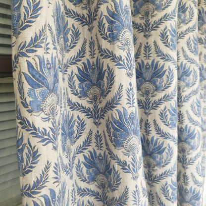 Curtains 100% Linen with French block print blue pattern PREWASHED. kitchen Living room farmhouse window panel in french linen