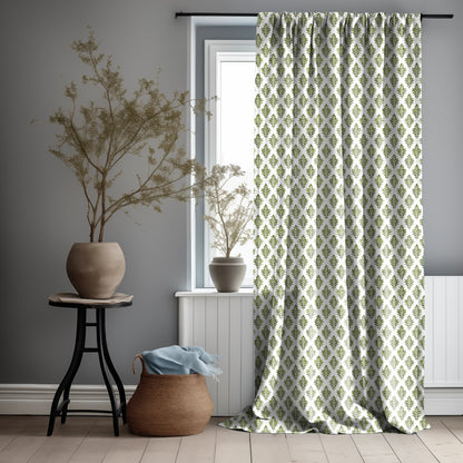 Linen block print Curtain Panels with green print, Curtains for living room or bedroom, coutryhouse style curtains