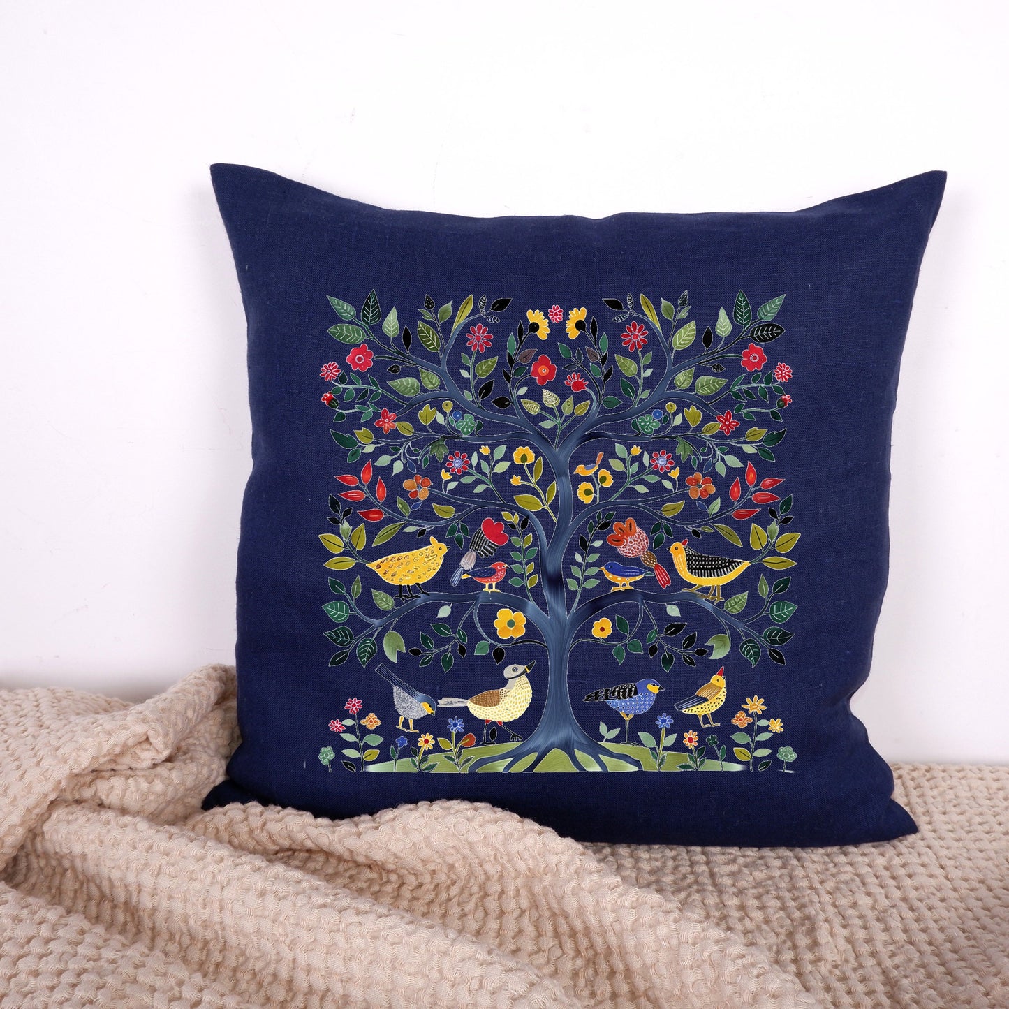 SALE LINEN Cushion cover Nordic folk art in blue, decorative linen pillow cover , Floral Summer Woodland Cushion Housewarming Gift