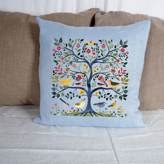 SALE LINEN Cushion cover Nordic folk art in blue, decorative linen pillow cover , Floral Summer Woodland Cushion Housewarming Gift