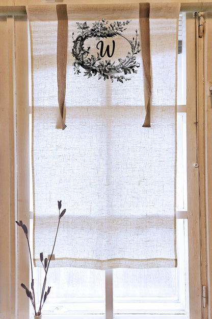 Monogramed Linen curtains valance with tie up with French Country Stamp , farmhouse kitchen curtains, door curtains  in custom size
