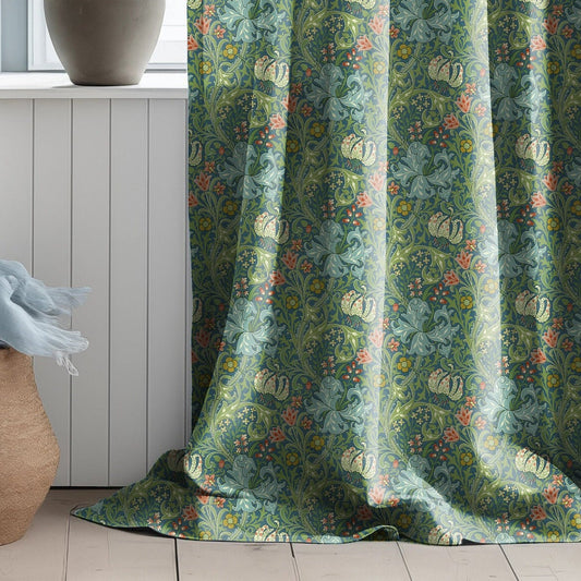 Wiliam Morris pattern Golden Lilly curtains in linen in green