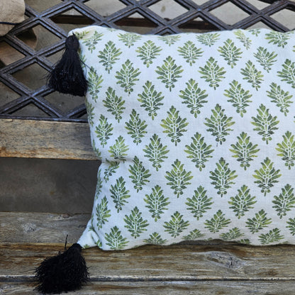 cushion with tassel Designer Olive Green Floral on Linen Pillow Cover, Dark Green Boho Pillow, Farmhouse Floral Block printed pillow