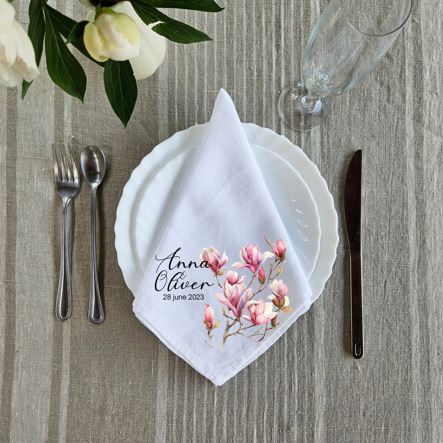 Custom Design White Cloth Cocktail Napkins, luxury weddings menu napkins in linen, Custom Names Napkins
