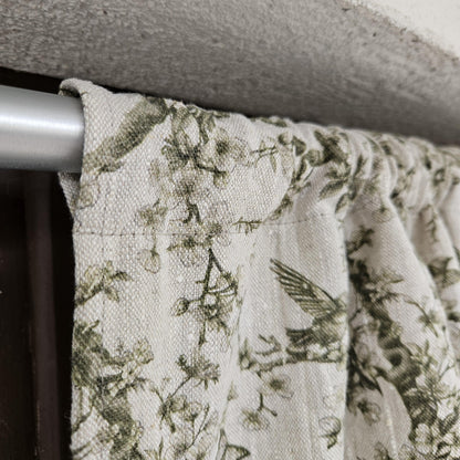 Curtains 100% Linen with French block print green toile de jouy pattern PREWASHED - kitchen Living room farmhouse window panel french linen