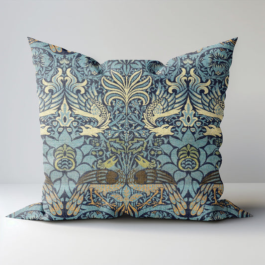 Designer linen Pillow Cover with William Morris Peacock and Dragon print , Art and Crafts Pillow case on linen for Coutry home  Victorian