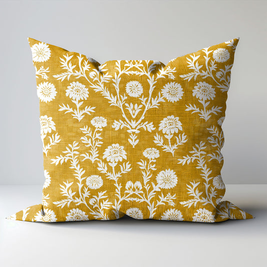 Designer Mustard yellow Floral on Linen Pillow Cover, white yellow mustard Boho Pillow, Farmhouse Floral Block printed pillow on flax
