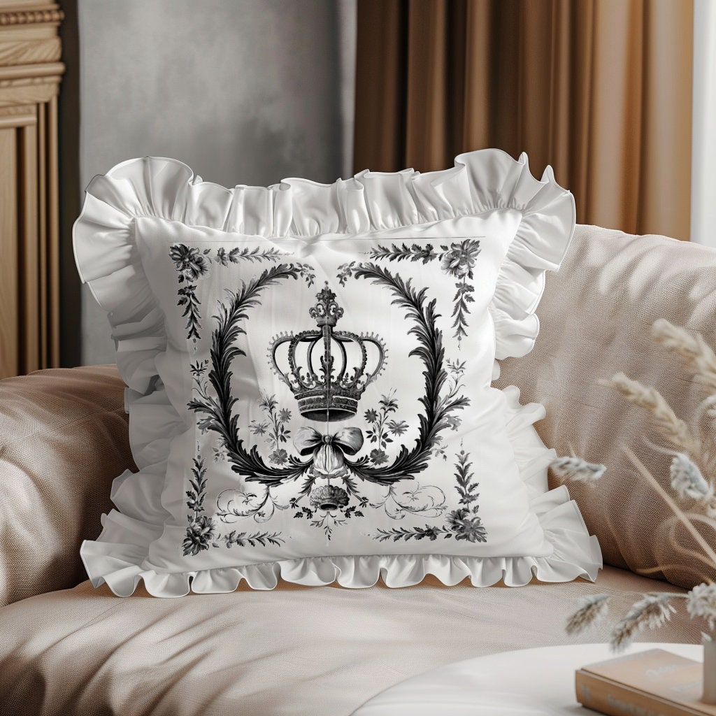 Shabby Floral Ruffle Linen Pillow Cover with Crown, French Provence Neutral Beige Cushion, French Antiques Harmhouse Cottage Chic Swedish