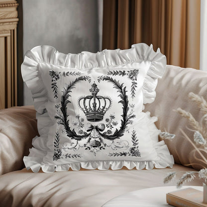 Shabby Floral Ruffle Linen Pillow Cover with Crown, French Provence Neutral Beige Cushion, French Antiques Harmhouse Cottage Chic Swedish