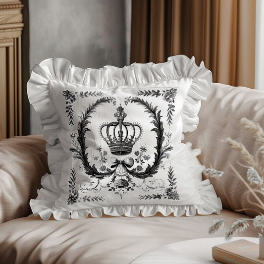 Shabby Floral Ruffle Linen Pillow Cover with Crown, French Provence Neutral Beige Cushion, French Antiques Harmhouse Cottage Chic Swedish