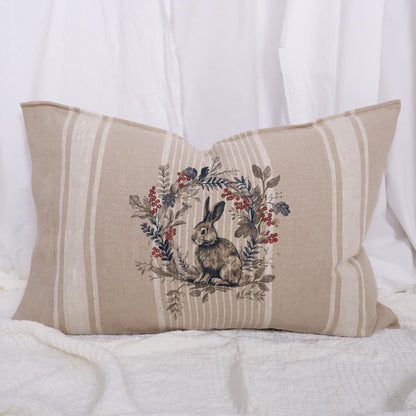 Striped linen pillowcase in french country style with rabbit and floral wreath print, French country linen  cushion cover meadow flowers