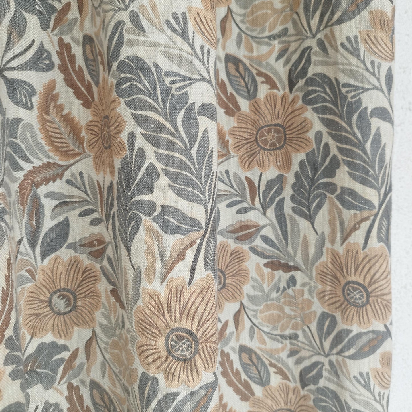 Curtains 100% Linen with botanical brown print PREWASHED. Japandi kitchen Living room linen window panel