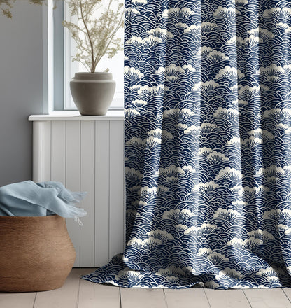 Japanese Curtain Panels with see print in dark blue, scandinavian style Curtains for living room or bedroom