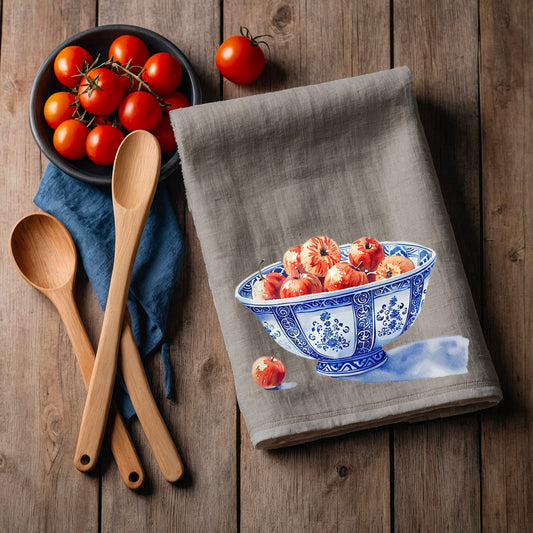 Cherry bowl Tea Towel in linen, Chinoise bowl Hand Towels Tea in linen, linen  Dish Towel, Holiday Kitchen Décor Tea Towel in linen