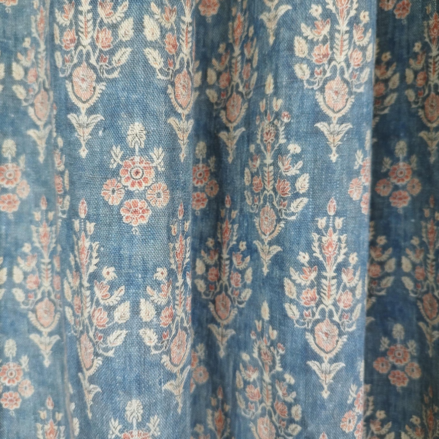 Curtains 100% Linen with indian block print blue pattern  PREWASHED. kitchen Living room farmhouse linen window panel