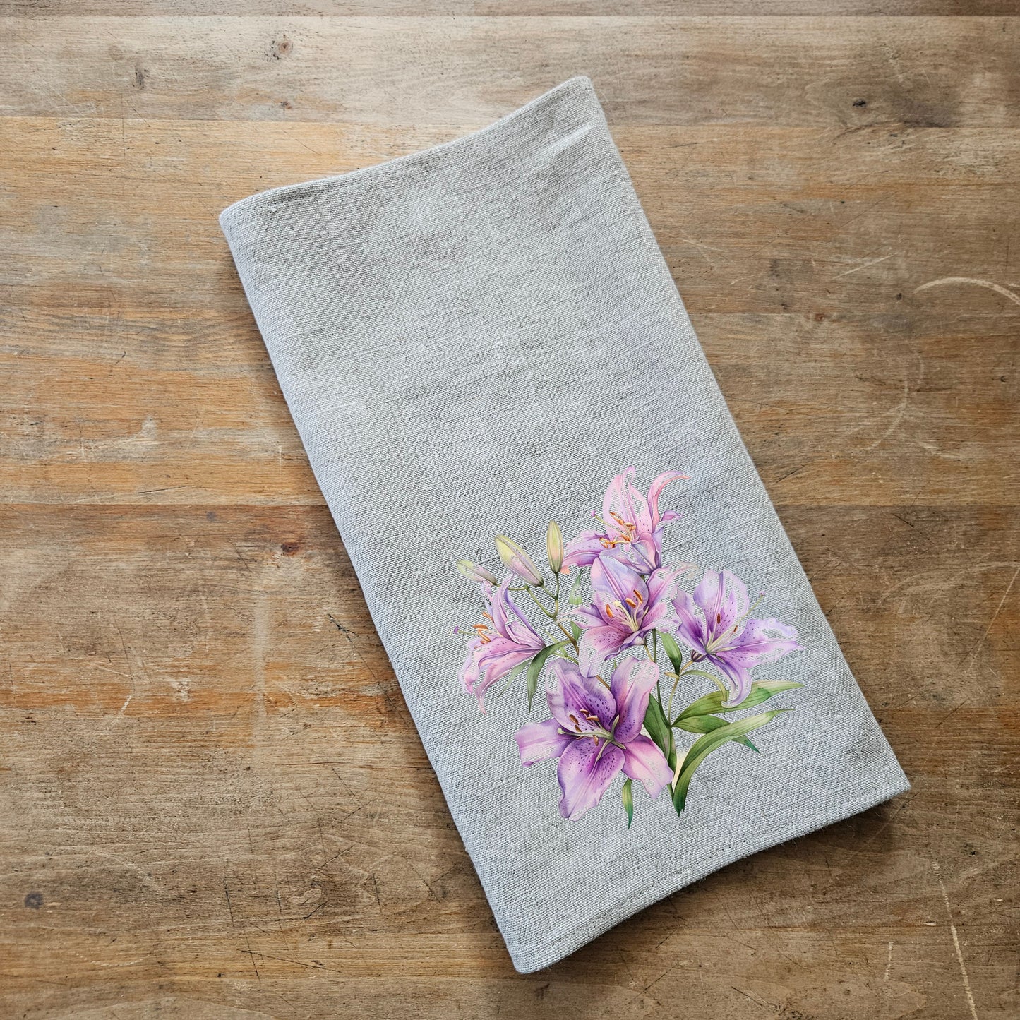 Lilac lilies floral Tea Towel in linen, Botanical purple Hand Towels Tea, Farmhouse lilies Dish Towel,  Kitchen Décor Tea Towel
