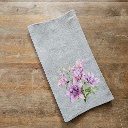 Lilac lilies floral Tea Towel in linen, Botanical purple Hand Towels Tea, Farmhouse lilies Dish Towel,  Kitchen Décor Tea Towel