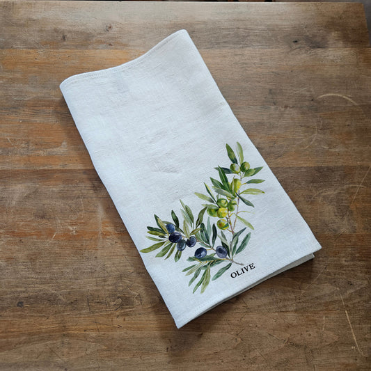 Olive Floral Tea Towel in linen, Hand Towels Tea, Farmhouse Floral Dish Towel, greenery botanical Kitchen Décor, Floral Kitchen Tea Towel