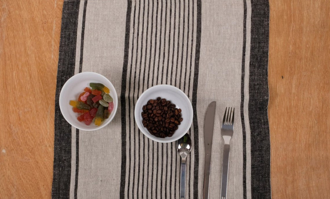 Linen runner - french sack linen. Grey red striped Rustic linen Cottage farmhouse coutry style linen. Stonewashed. 100% linen Burlap