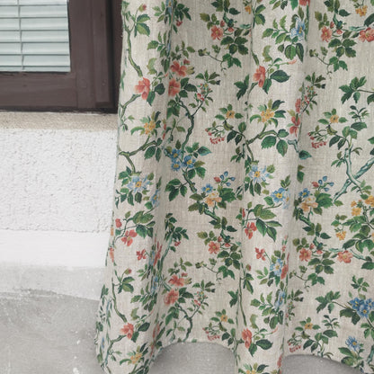 Curtains 100% Linen with botanical red green toile de jouy print PREWASHED. kitchen Living room farmhouse linen window panel