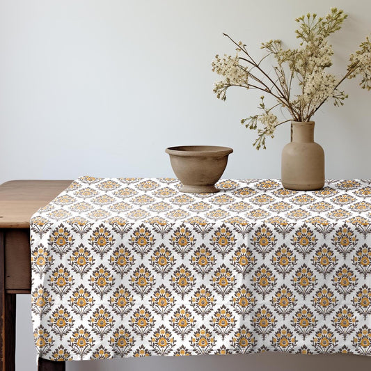 Designer Mustard brown Linen tablecloth / Holiday Tablecloth French Table Cover in Block Printed Floral Dinning Elegant Decoration