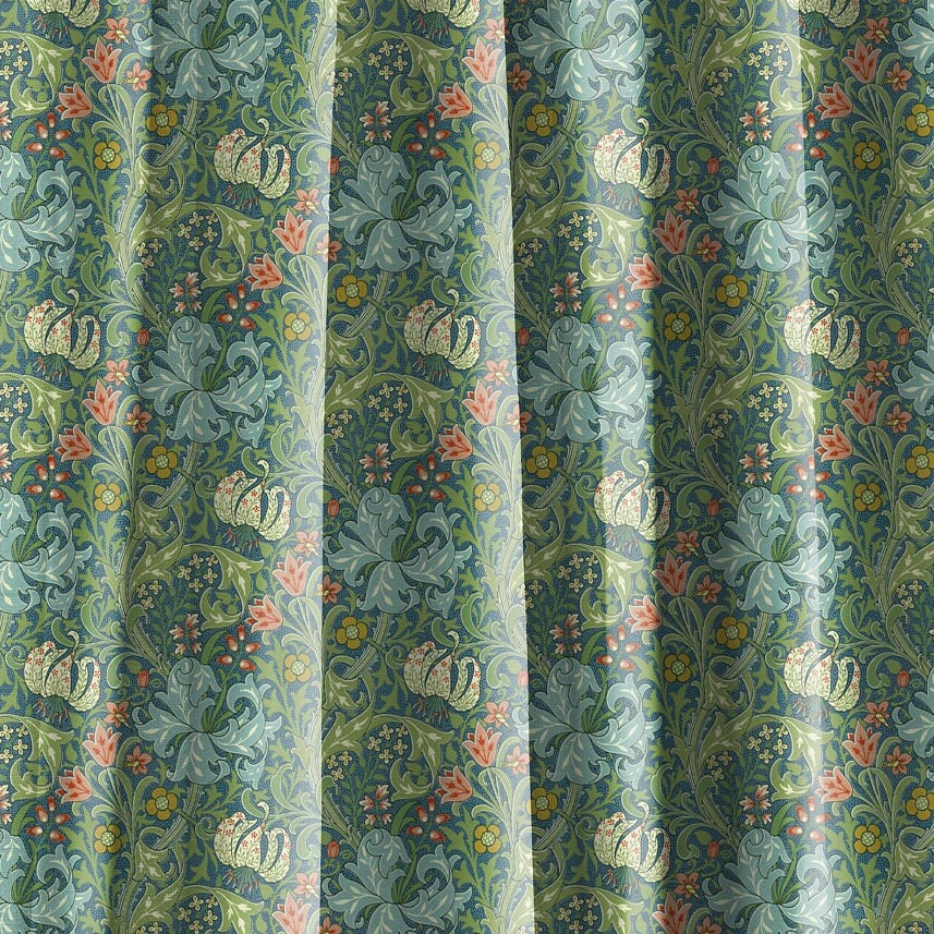 Wiliam Morris pattern Golden Lilly curtains in linen in green