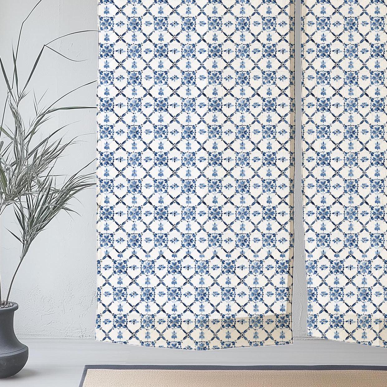 Blue white Linen Noren Curtain - Japanese Linen Noren Panel with Swedish tile print - Japandi Curtain Door Doorway Drape Rod Pocket