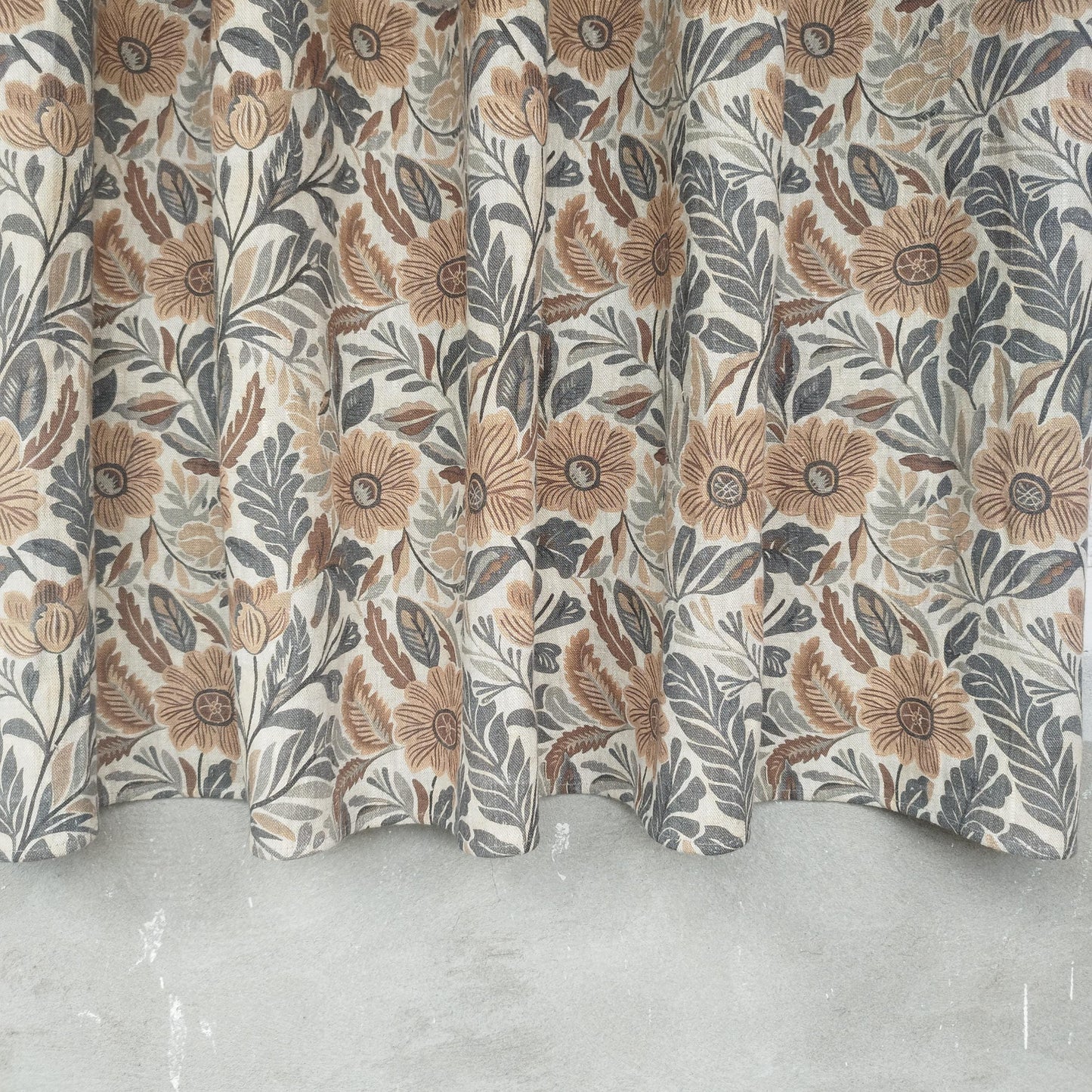 Curtains 100% Linen with botanical brown print PREWASHED. Japandi kitchen Living room linen window panel