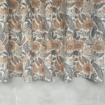 Curtains 100% Linen with botanical brown print PREWASHED. Japandi kitchen Living room linen window panel