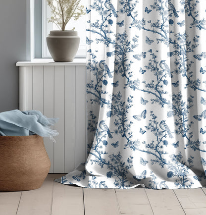 Designer blue Floral Linen curtains, indigo blue French Toile de joy curtain panel, Farmhouse Botanical printed curtains for living room